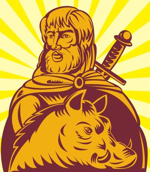 illustration of Frey the  Norse god of agriculture with sword and boar