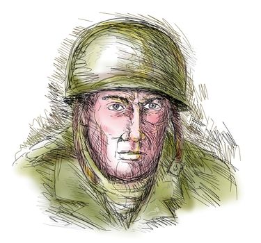 hand sketched drawn illustration of a Bust of a gritty World war two soldier