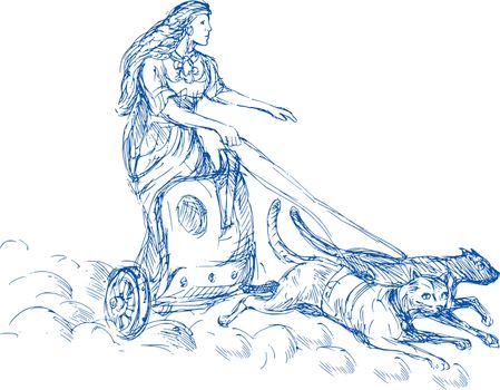 Illustration of Freya Norse goddess of love and beauty riding a chariot being pulled by two cats