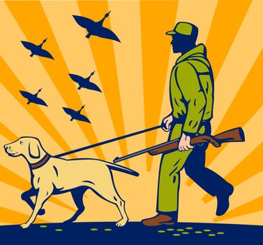 illustration of a Hunter with rifle walking with trained hunting gun dog