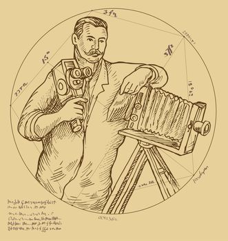 Hand sketch illustration of Vintage Photographer holding video camera made to look like it was done by a Renaissance  artist. The hand written text,letters, numbers and symbols do not mean anything, just gibberish.