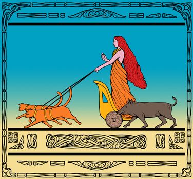 art deco style illustration of a Freya Norse goddess of love and beauty riding a chariot pulled by her two cats and wild boar.
