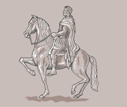 hand sketched, drawn vector illustration of a Roman emperor soldier riding horse.