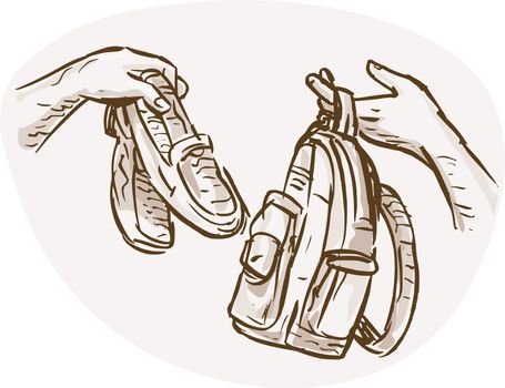 hand drawn sketched illustration of Hands Barter trading or swapping shoes and backpack or bag.