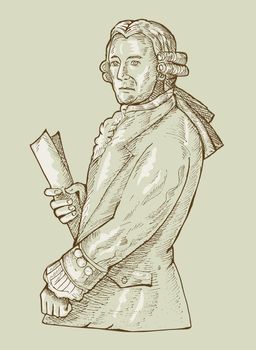 hand sketch illustration of a 17th century gentleman or aristocrat wearing wig.