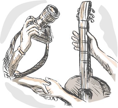 hand sketched illustration of Barter swapping hands with camera and guitar