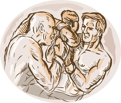 hand sketched illustration of two male boxers throwing punches