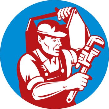 illustration of a Plumber with monkey wrench and carrying toolbox 