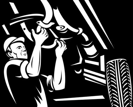  illustration of a car mechanic working underneath a car done in black and white