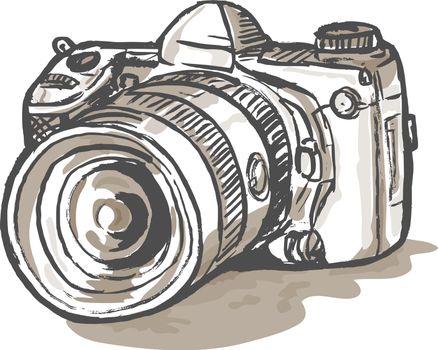hand sketch drawing illustration of a digital SLR camera
