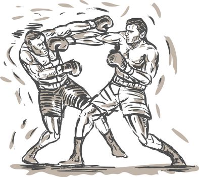 hand sketched drawing of two boxers punching