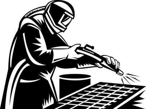 illustration of a Sandblaster at work cleaning grill  done in black and white