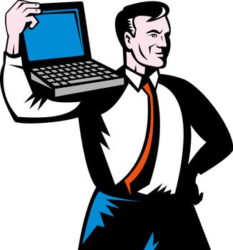 illustration of a Man carrying computer notebook laptop on his shoulders.