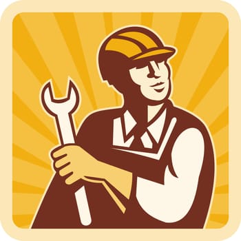 illustration of a Construction worker,engineer or mechanic holding spanner looking up with sunburst in background.
