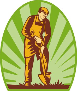 illustration of a Gardener or farmer digging with shovel and sunburst in the background.