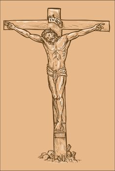 hand drawn sketch illustration of Jesus Christ hanging on the cross with white highlights.