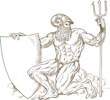hand drawn and sketch illustration of Roman God Neptune or poseidon with trident and shield isolated on white
