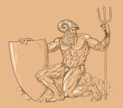 hand drawn and sketch illustration of Roman God Neptune or poseidon with trident and shield