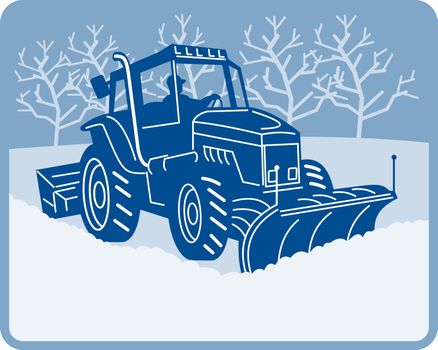 illustration of a Snow plow tractor plowing winter scene
