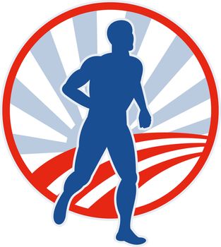 Imagery shows a silhouette of a runner with sunburst and road in the background set inside a circle. Two (2) colors used in this image.