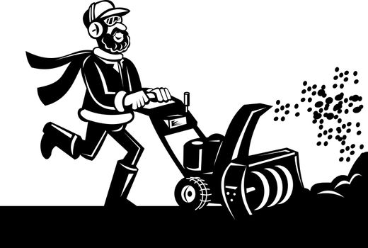 Cartoon style vector illustration of a Man operating a snow blower or snow thrower done in black and white.