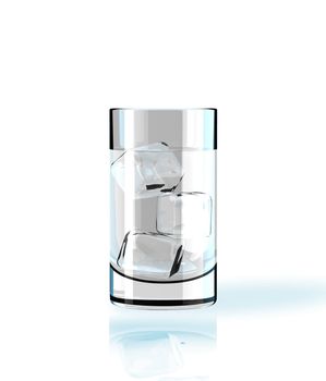Water glass with ice block on white background