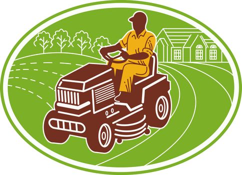 illustration of a male gardener riding lawn mower set inside an oval.