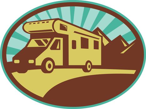 illustration of a Camper van traveling with mountains and sunburst in the background set inside an oval. 