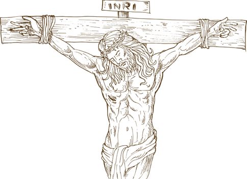 hand drawn  illustration of Jesus Christ hanging on the cross isolated on white