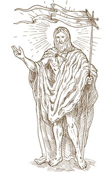 hand sketch drawing illustration of the The Risen or  Resurrected Jesus Christ standing with flag