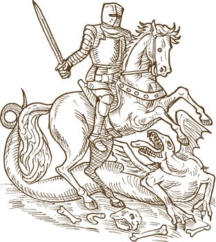 drawing of Saint George knight and the dragon doen in black and white