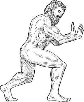 hand drawing illustration of Hercules pushing isolated on white