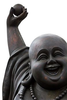 close up of a happy laughing buddha's face on white background