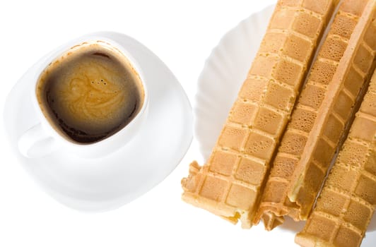 close-up wafers and coffee, isolated on white