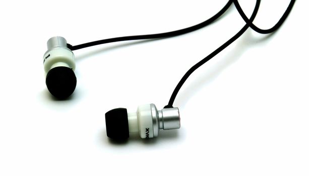 A pair of earbud headphones isolated on a white background.