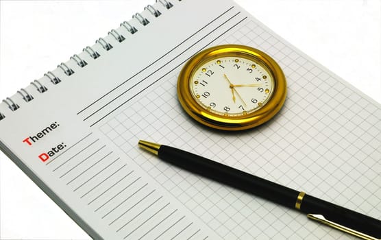 Pen, notebook and clock isolated on white background.