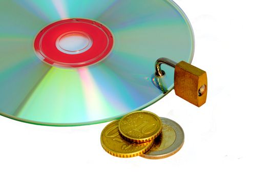 Disc under lock and key and money isolated on a white background.