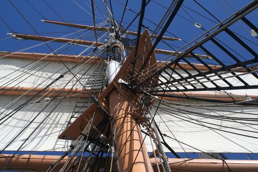 Look up at the canvas, mast, and rigging of a tall ship sails.