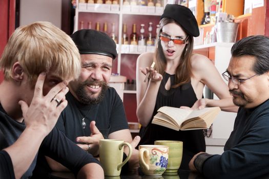 Three men listening to bad female poet with smoky cigarette in a coffee house