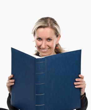 Young women with book. White background