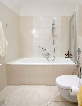 Modern domestic bathroom. Ceramic bath with shower.