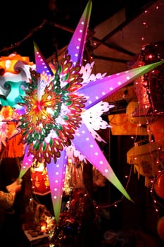 A beautiful colorful sky-lantern lit on the occassion of Diwali / Christmas festival in India.