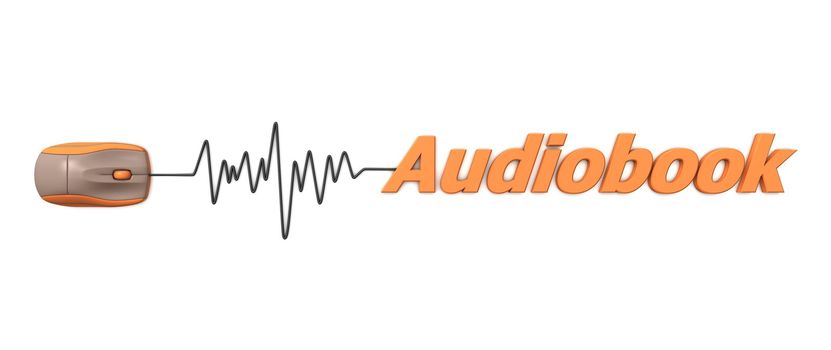 computer mouse connected to the word audiobook via sine waveform cable - orange