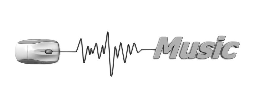 computer mouse connected to the word music via sine waveform cable � orange