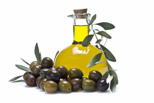 Olive oil bottles and olives isolated on a white background.