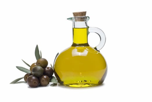 Olive oil bottles and olives isolated on a white background.