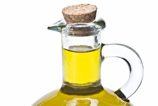 Olive oil bottles and olives isolated on a white background.