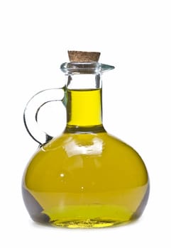 Olive oil bottles and olives isolated on a white background.