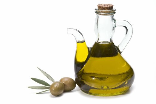 Olive oil bottles and olives isolated on a white background.