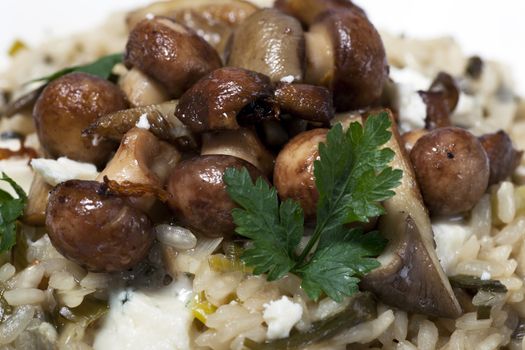 Mushroom risotto with sauteed mushrooms and crumbled cheese.